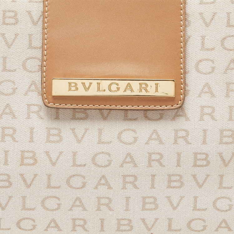 Pre Owned Bvlgari Beige Signature Canvas and Leather Tote 