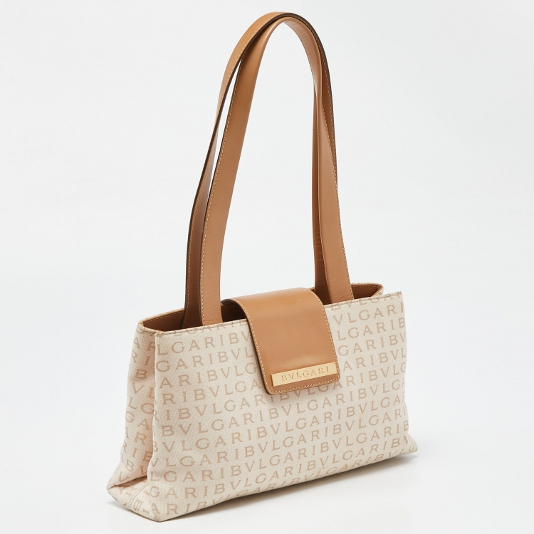 Pre Owned Bvlgari Beige Signature Canvas and Leather Tote 