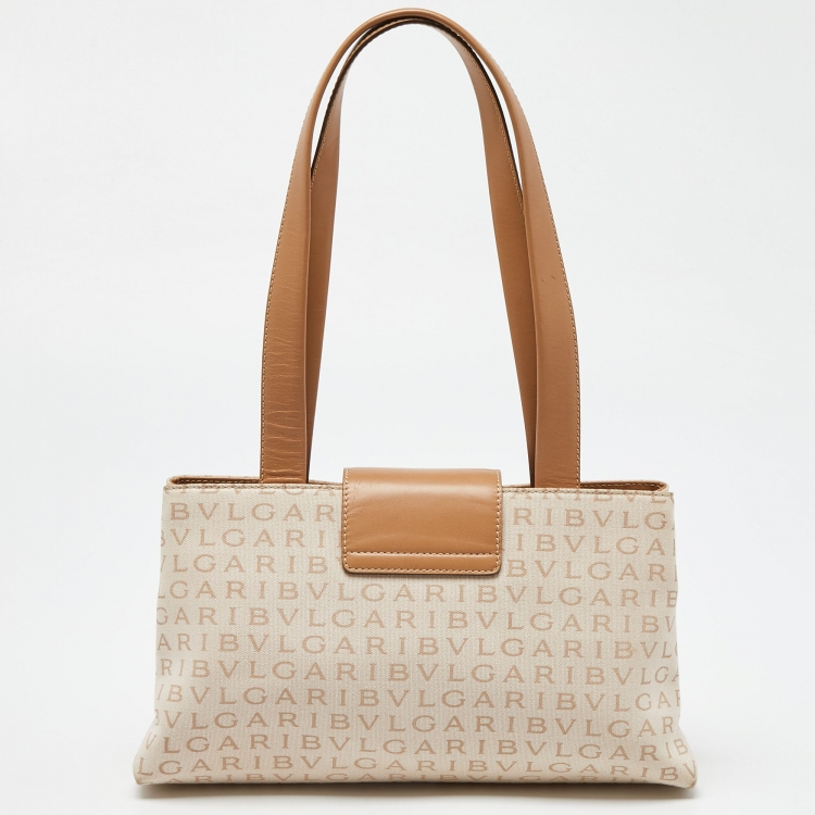 Pre Owned Bvlgari Beige Signature Canvas and Leather Tote 