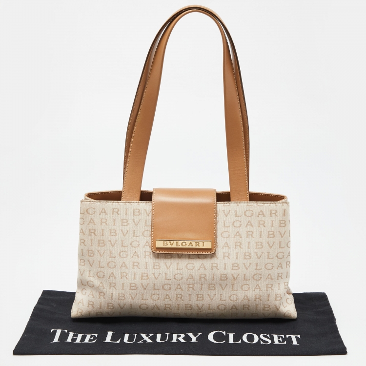 Pre Owned Bvlgari Beige Signature Canvas and Leather Tote 