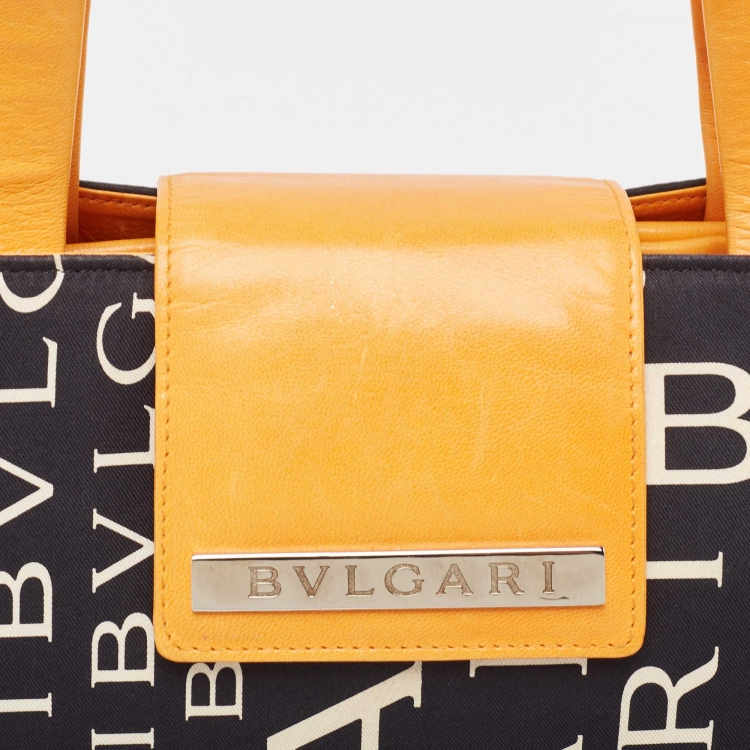 Pre Owned Bvlgari Black/Orange Printed Fabric and Leather Small Tote