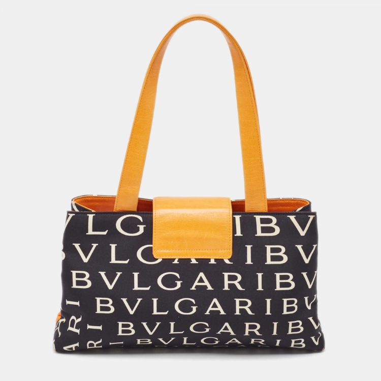 Pre Owned Bvlgari Black/Orange Printed Fabric and Leather Small Tote