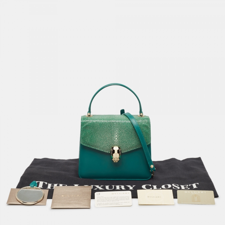 Pre Owned Bvlgari Green Stingray and Leather Small Serpenti Forever Top Handle Bag