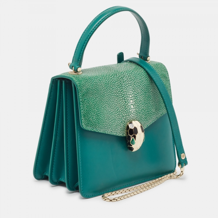Pre Owned Bvlgari Green Stingray and Leather Small Serpenti Forever Top Handle Bag