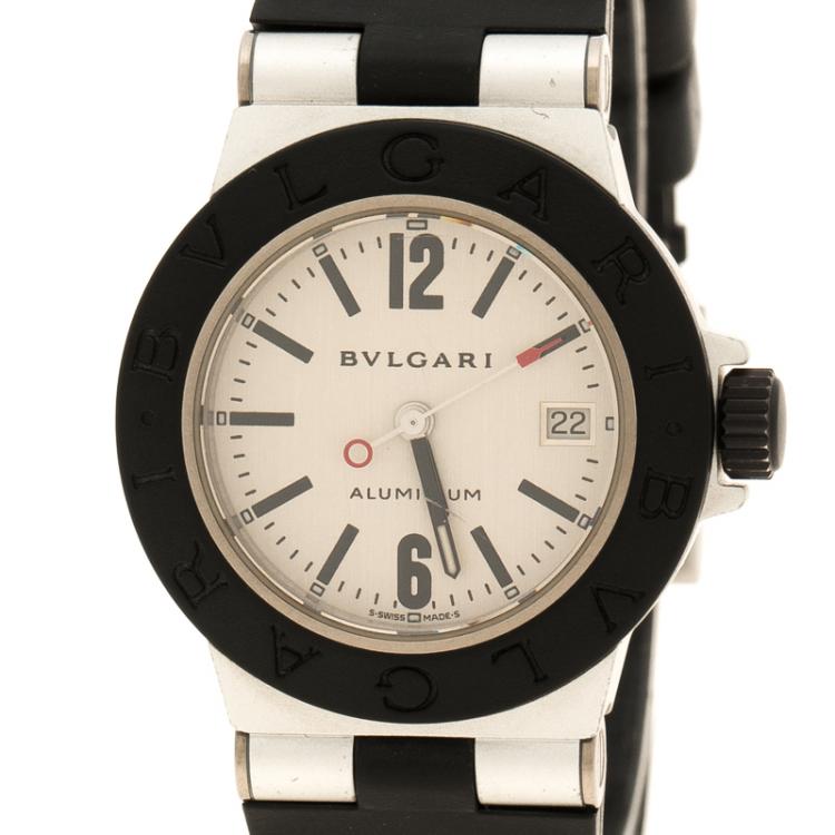Pre Owned Bvlgari Silver Grey Aluminium and Black Rubber Diagono Women's Wristwatch 29 mm