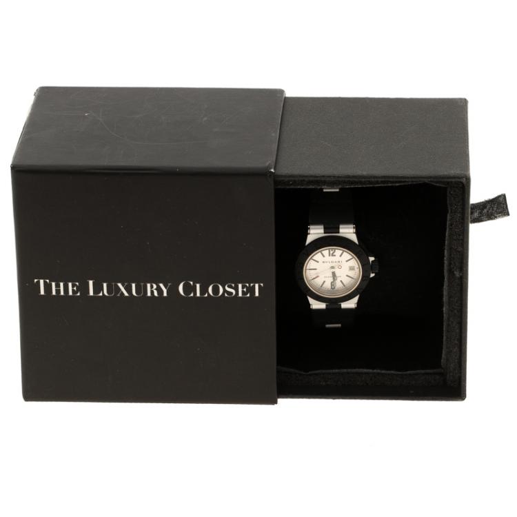 Pre Owned Bvlgari Silver Grey Aluminium and Black Rubber Diagono Women's Wristwatch 29 mm