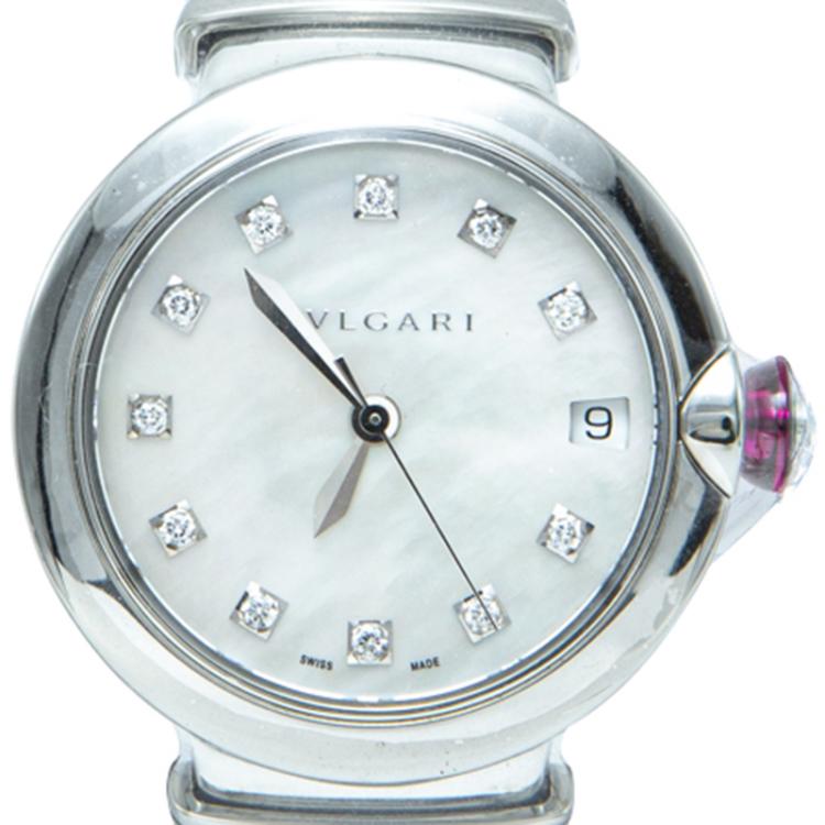 Pre Owned Bvlgari White Mother Of Pearl & Steel Lvcea Diamond Women's Watch 33MM