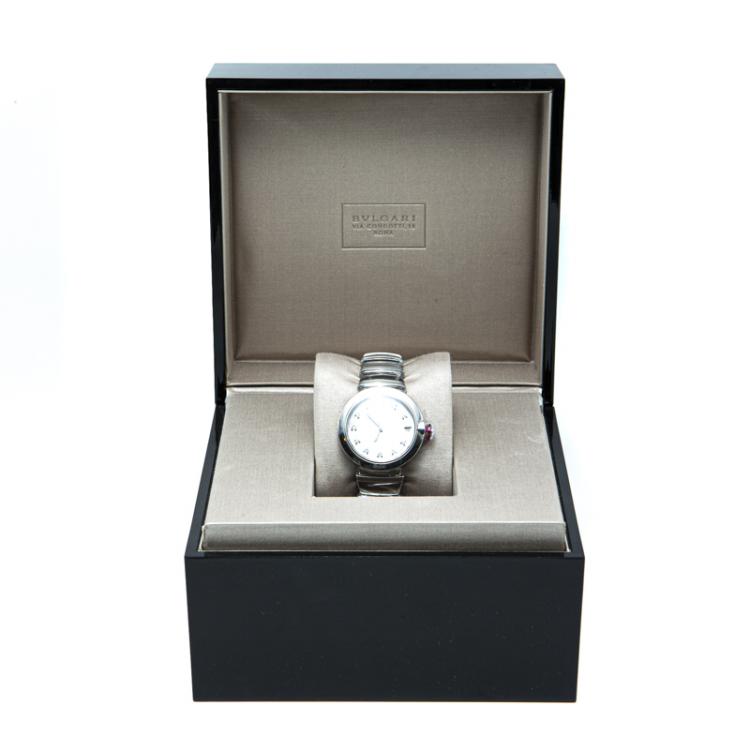 Pre Owned Bvlgari White Mother Of Pearl & Steel Lvcea Diamond Women's Watch 33MM