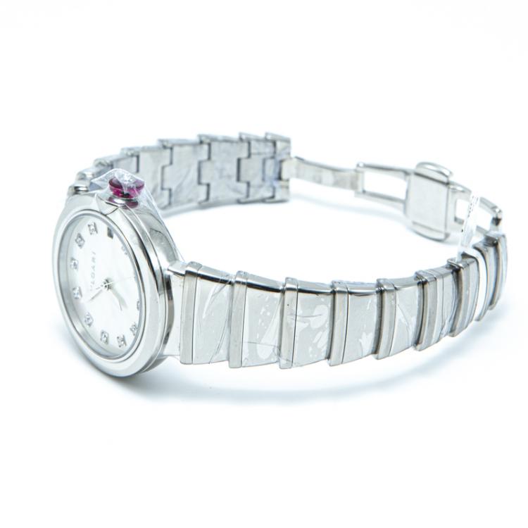 Pre Owned Bvlgari White Mother Of Pearl & Steel Lvcea Diamond Women's Watch 33MM