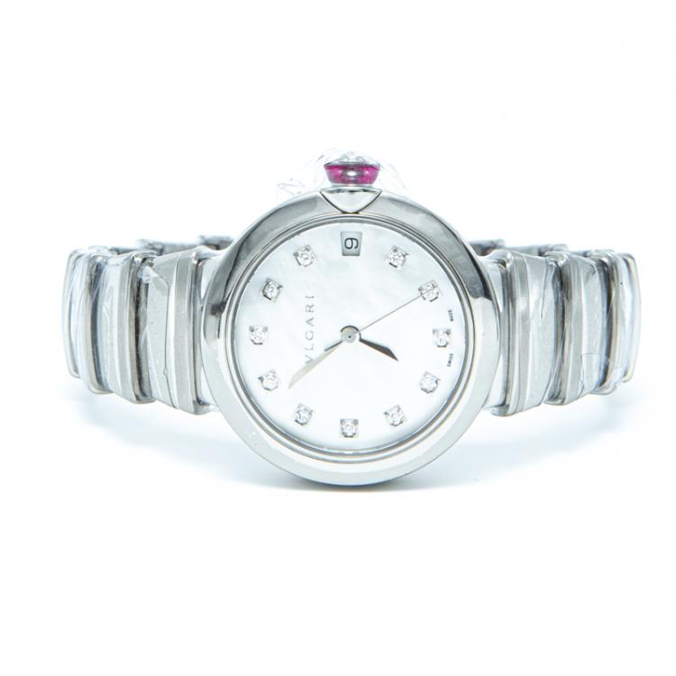 Pre Owned Bvlgari White Mother Of Pearl & Steel Lvcea Diamond Women's Watch 33MM