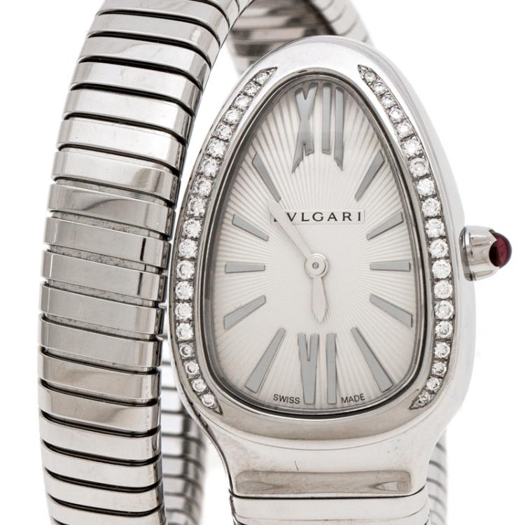 Pre Owned Bvlgari White Dial Stainless Steel Diamond Bezel Serpenti Women'S Watch 35MM