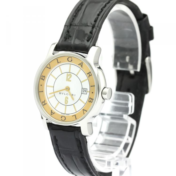 Pre Owned Bvlgari White Stainless Steel and Leather Solotempo ST29S Women's Wristwatch 29MM