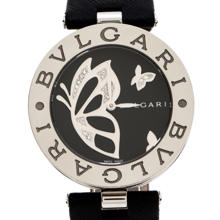 Pre Owned Bvlgari Black Stainless Steel Diamond Butterfly Motif B.Zero1 Women's Wristwatch 35 mm