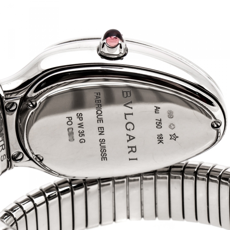 Pre Owned Bvlgari Diamond Pave 18K White Gold Serpenti Tubogas 102005 Women's Wristwatch 35 mm