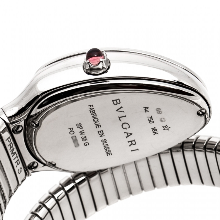 Pre Owned Bvlgari Diamond Pave 18K White Gold Serpenti Tubogas 102005 Women's Wristwatch 35 mm