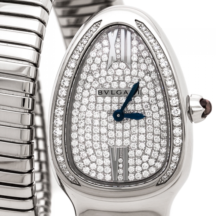 Pre Owned Bvlgari Diamond Pave 18K White Gold Serpenti Tubogas 102005 Women's Wristwatch 35 mm