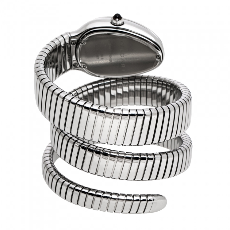 Pre Owned Bvlgari Silver Opaline Guilloché Soleil Stainless Steel Diamond Serpenti Tubogas 101910 Women's Wristwatch 35 mm
