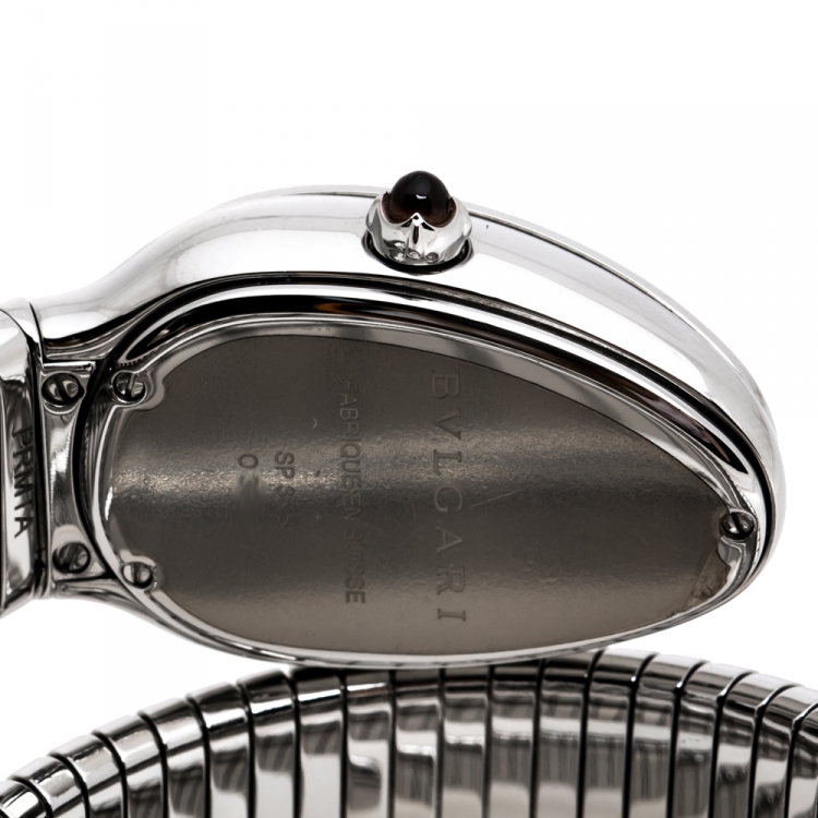 Pre Owned Bvlgari Silver Opaline Guilloché Soleil Stainless Steel Diamond Serpenti Tubogas 101910 Women's Wristwatch 35 mm