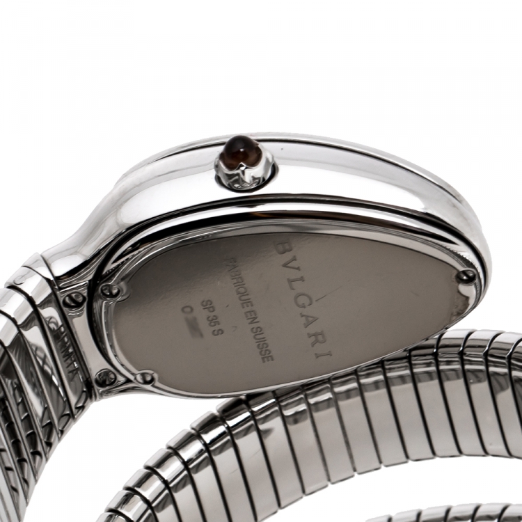 Pre Owned Bvlgari Silver Opaline Guilloché Soleil Stainless Steel Diamond Serpenti Tubogas 101910 Women's Wristwatch 35 mm