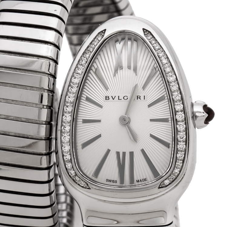 Pre Owned Bvlgari Silver Opaline Guilloché Soleil Stainless Steel Diamond Serpenti Tubogas 101910 Women's Wristwatch 35 mm