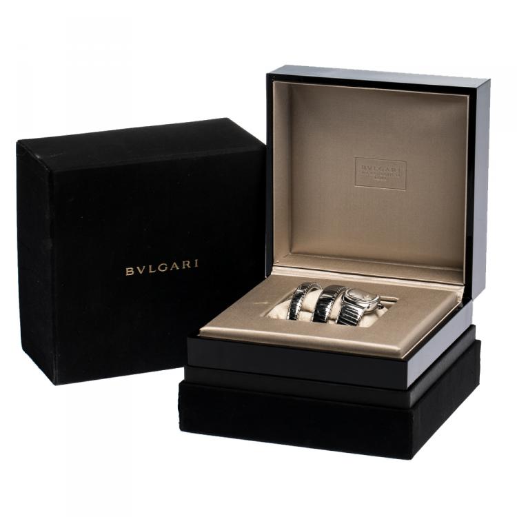Pre Owned Bvlgari Silver Opaline Guilloché Soleil Stainless Steel Diamond Serpenti Tubogas 101910 Women's Wristwatch 35 mm