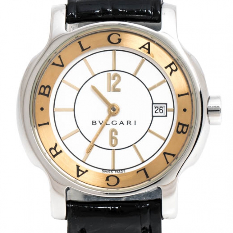 Pre Owned Bvlgari White Stainless Steel and Leather Solotempo ST29S Women's Wristwatch 29MM
