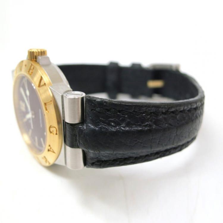 Pre Owned Bvlgari Diagono Wristwatch SS 18K Leather Black Ladies