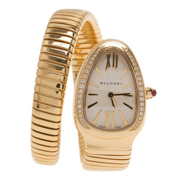 Pre Owned Bvlgari Grey 18K Yellow Gold Serpenti Tubogas Women's Wristwatch 21MM