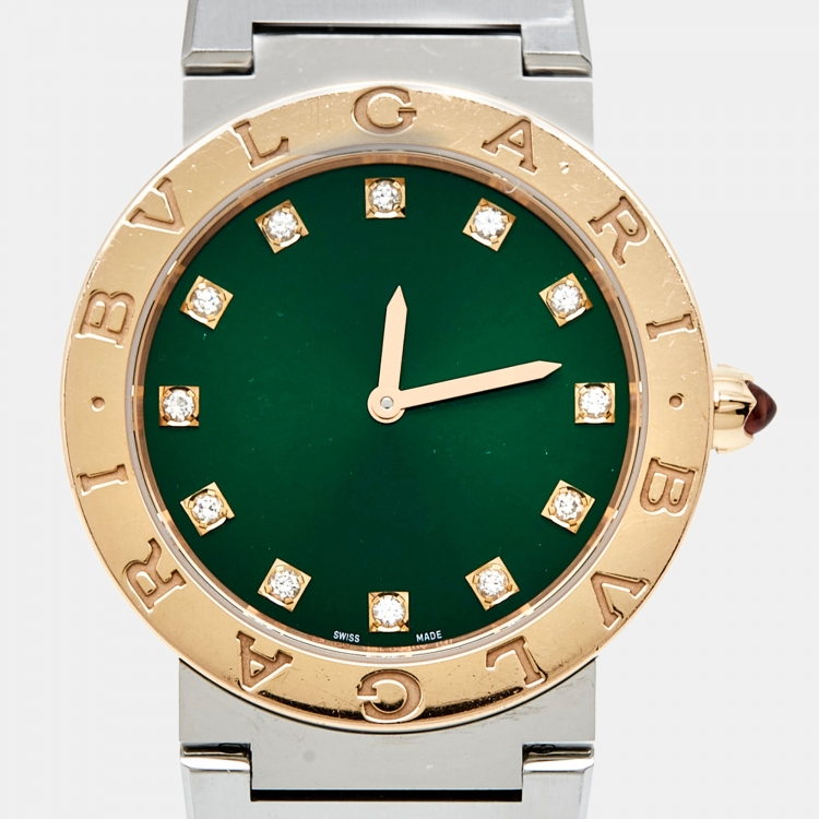 Pre Owned Bvlgari Green 18K Rose Gold Stainless Steel Diamond Bvlgari Bvlgari 103202 Women's Wristwatch 33 mm