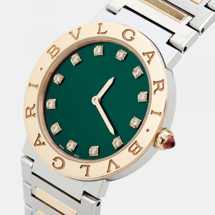 Pre Owned Bvlgari Green 18K Rose Gold Stainless Steel Diamond Bvlgari Bvlgari 103202 Women's Wristwatch 33 mm