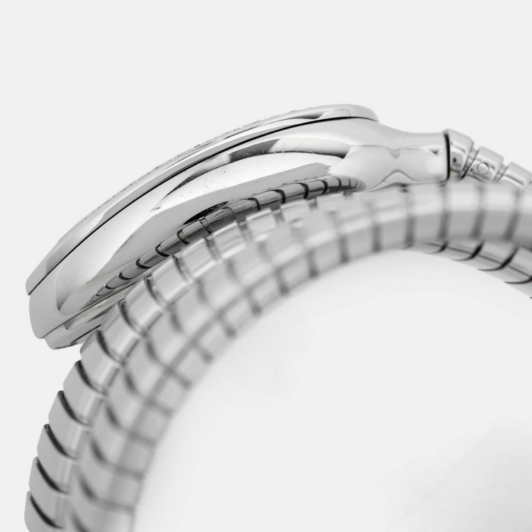 Pre Owned Bvlgari Silver Opaline Guilloché Soleil Stainless Steel Diamond Serpenti Tubogas 101910 Women's Wristwatch 35 mm