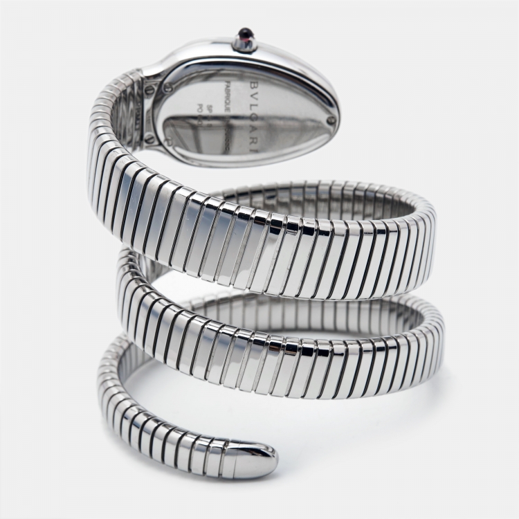 مملوكة مسبقًا Bvlgari Silver Opaline Stainless Steel Serpenti Tubogas 101911 Women's Wristwatch 35 mm