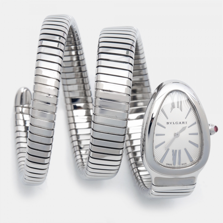 مملوكة مسبقًا Bvlgari Silver Opaline Stainless Steel Serpenti Tubogas 101911 Women's Wristwatch 35 mm