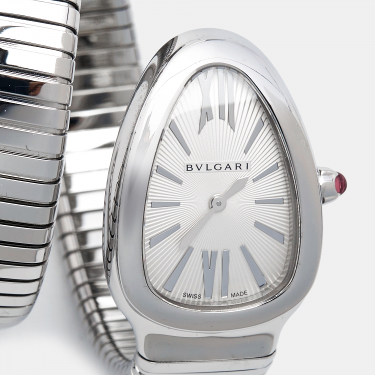 مملوكة مسبقًا Bvlgari Silver Opaline Stainless Steel Serpenti Tubogas 101911 Women's Wristwatch 35 mm