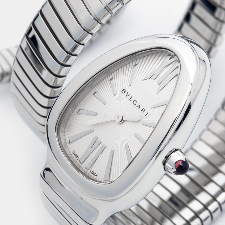 مملوكة مسبقًا Bvlgari Silver Opaline Stainless Steel Serpenti Tubogas 101911 Women's Wristwatch 35 mm