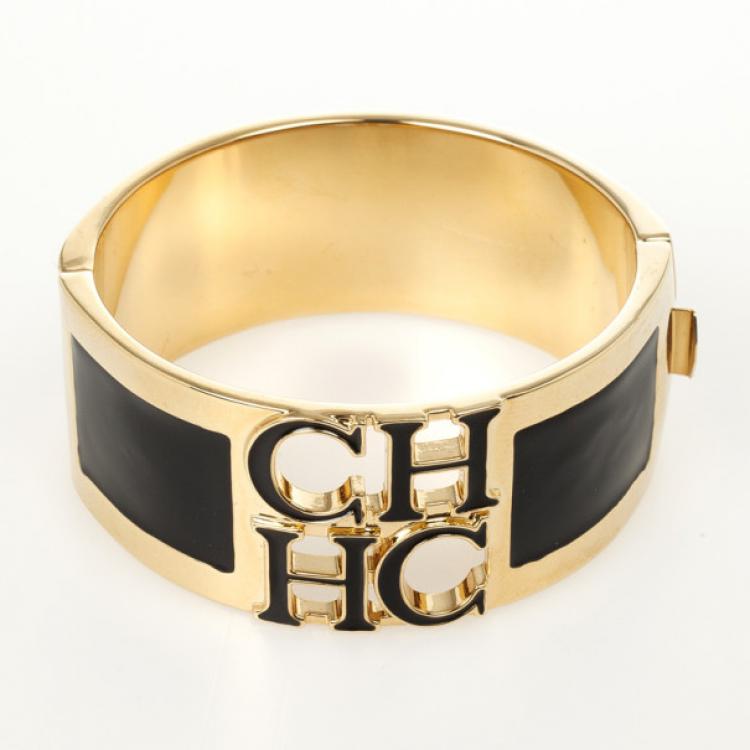 Pre Owned Carolina Herrera CH logo Black Cuff Bracelet