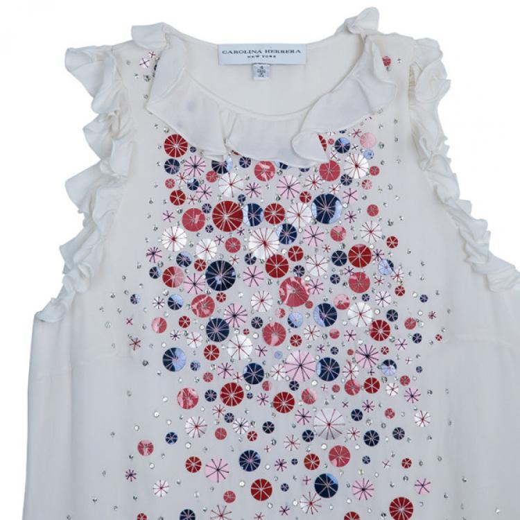 Pre Owned Carolina Herrera White Embellished Top S