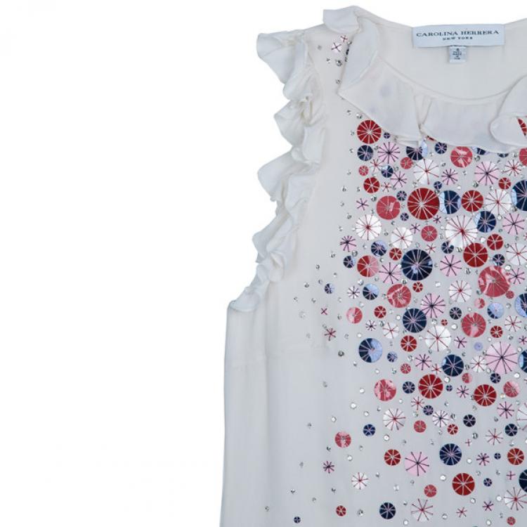 Pre Owned Carolina Herrera White Embellished Top S