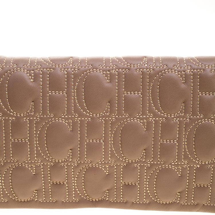 Pre Owned Carolina Herrera Beige Embossed Leather Clutch 