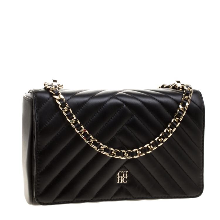 Pre Owned Carolina Herrera Black Quilted Leather Flap Bag