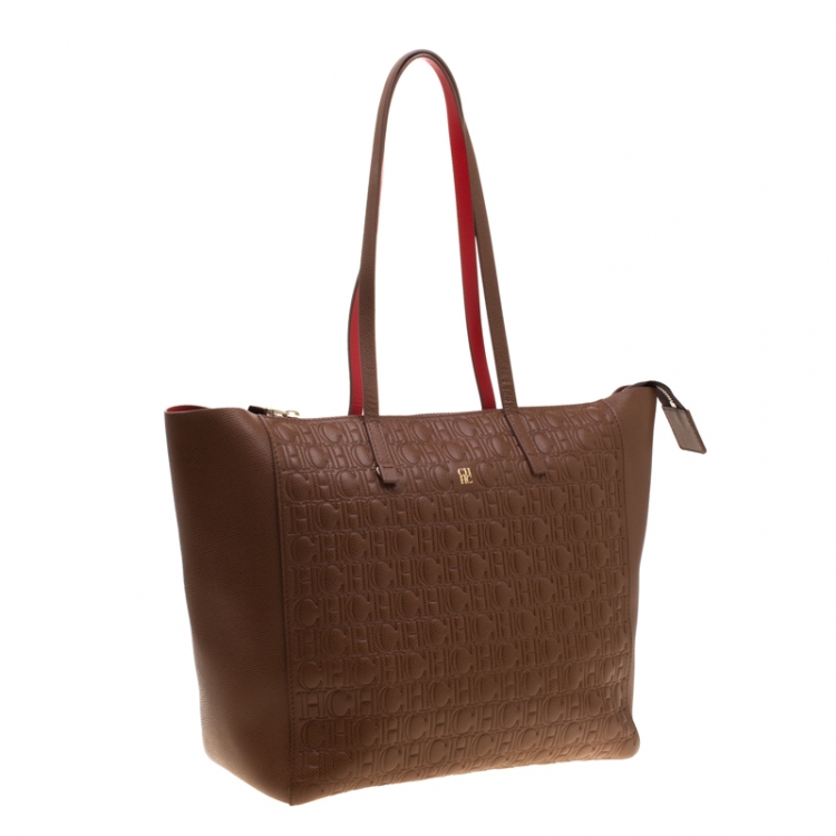 Pre Owned Carolina Herrera Brown Monogram Leather Shopper Tote