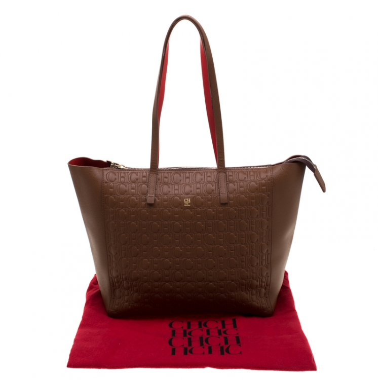 Pre Owned Carolina Herrera Brown Monogram Leather Shopper Tote