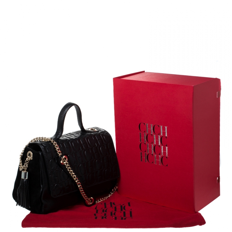 Pre Owned Carolina Herrera Black Monogram Leather Flap Top Handle Bag
