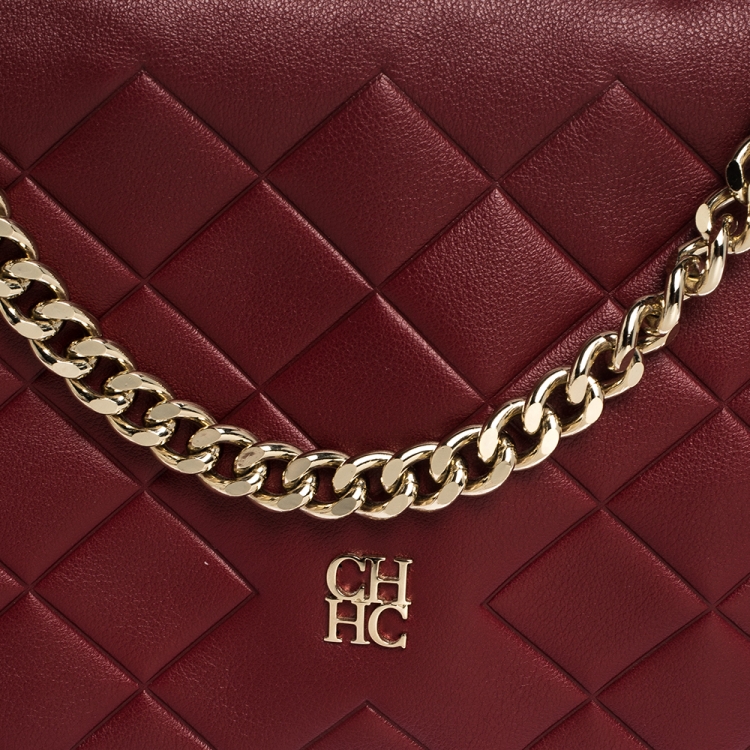 Pre Owned Carolina Herrera Red Quilted Leather Flap Shoulder Bag