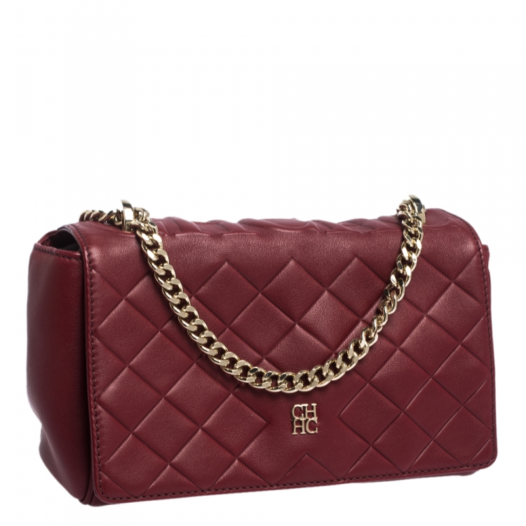 Pre Owned Carolina Herrera Red Quilted Leather Flap Shoulder Bag