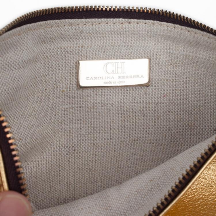 Pre Owned Carolina Herrera Gold Leather Clutch with Tassel