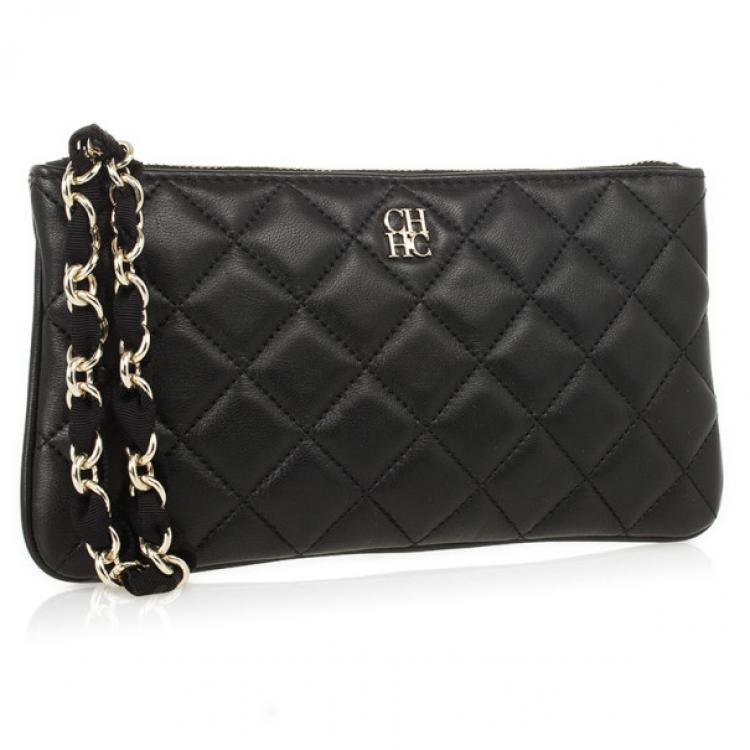 Pre Owned Carolina Herrera Black Quilted Leather Wristlet