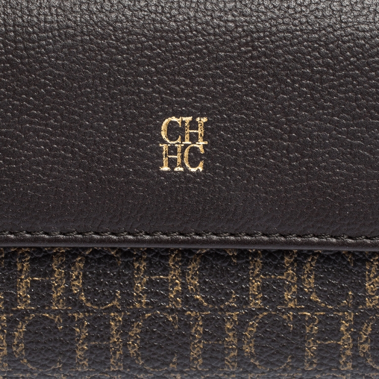 Pre Owned Carolina Herrera Dark Brown Monogram Coated Canvas and Leather Flap Compact Wallet