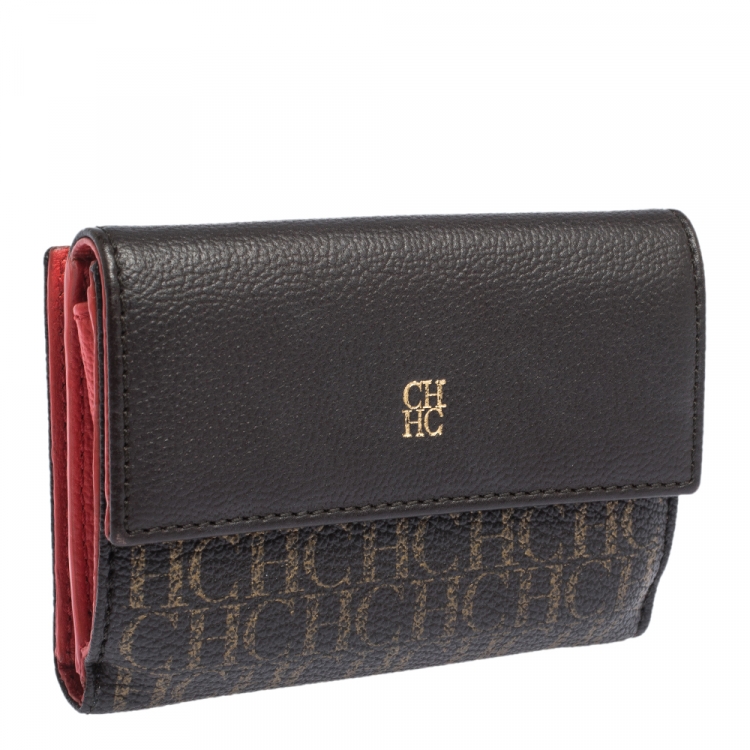 Pre Owned Carolina Herrera Dark Brown Monogram Coated Canvas and Leather Flap Compact Wallet