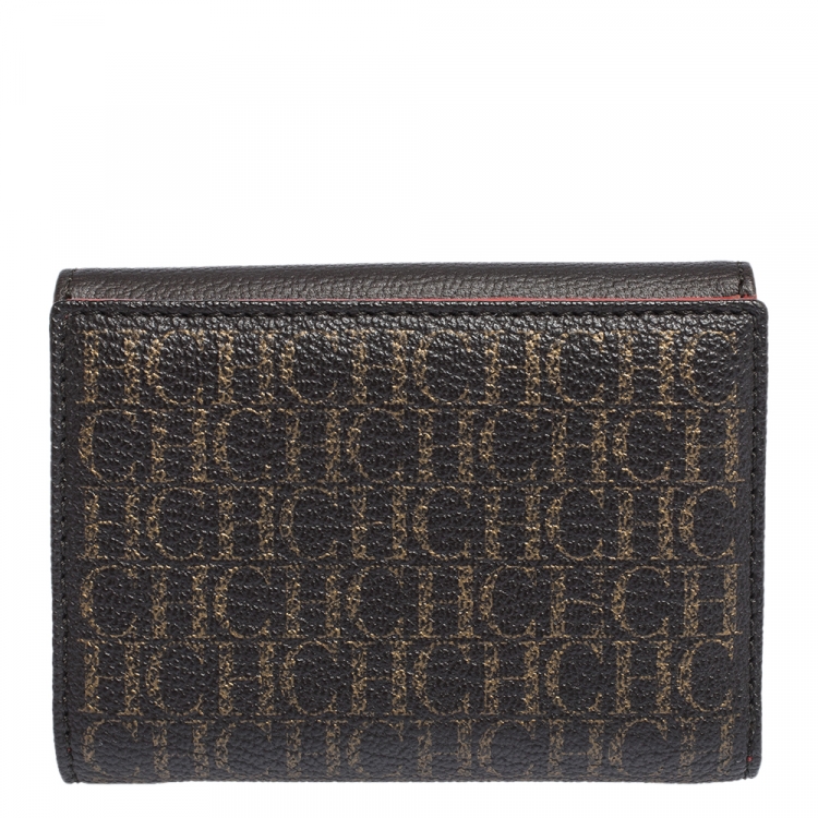 Pre Owned Carolina Herrera Dark Brown Monogram Coated Canvas and Leather Flap Compact Wallet